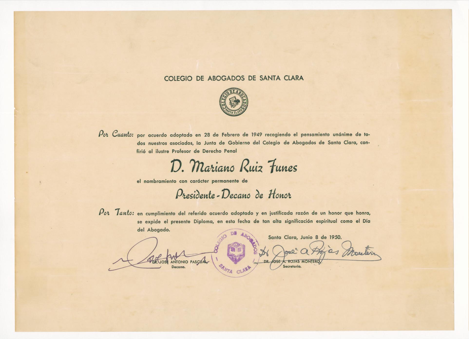 Diploma de nombramiento de Presidente-Decano de Honor concedido a Mariano Ruiz-Funes García por el Colegio de Abogados de Santa Clara.